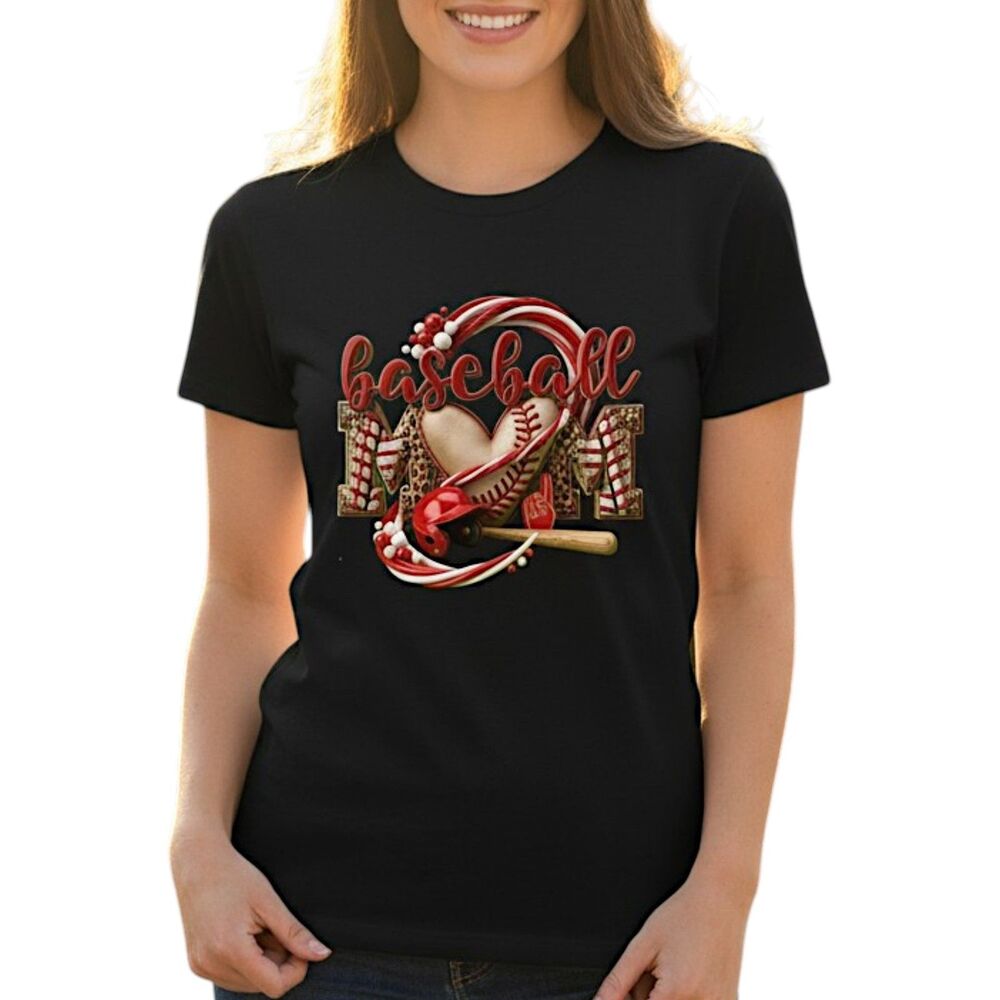 Women's Baseball Mom Shirt Red Ribbon Graphic Tee 100% Cotton Game Day Casual